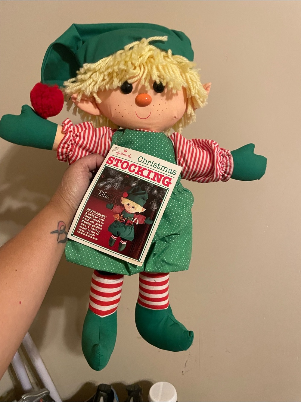 Hallmark Vintage Green and Red Holiday Elf Stocking Holder Plush